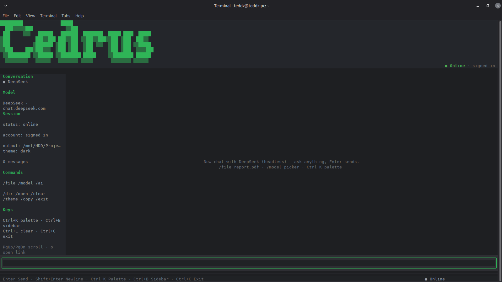 Cedrus CLI, freshly opened: an empty conversation and the model pane